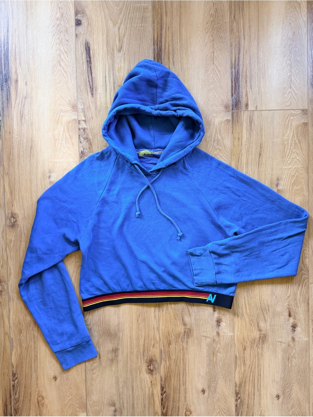 Aviator Nation Rainbow Stripe Cropped Pullover Hoodie Blue Women’s Large